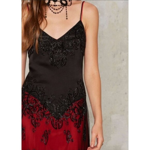 Nasty Gal ✦ Gothic Maxi Dress ✦ Red/Black Lace w/ Sheer Overlay & Beading XS NWT - Picture 3 of 11